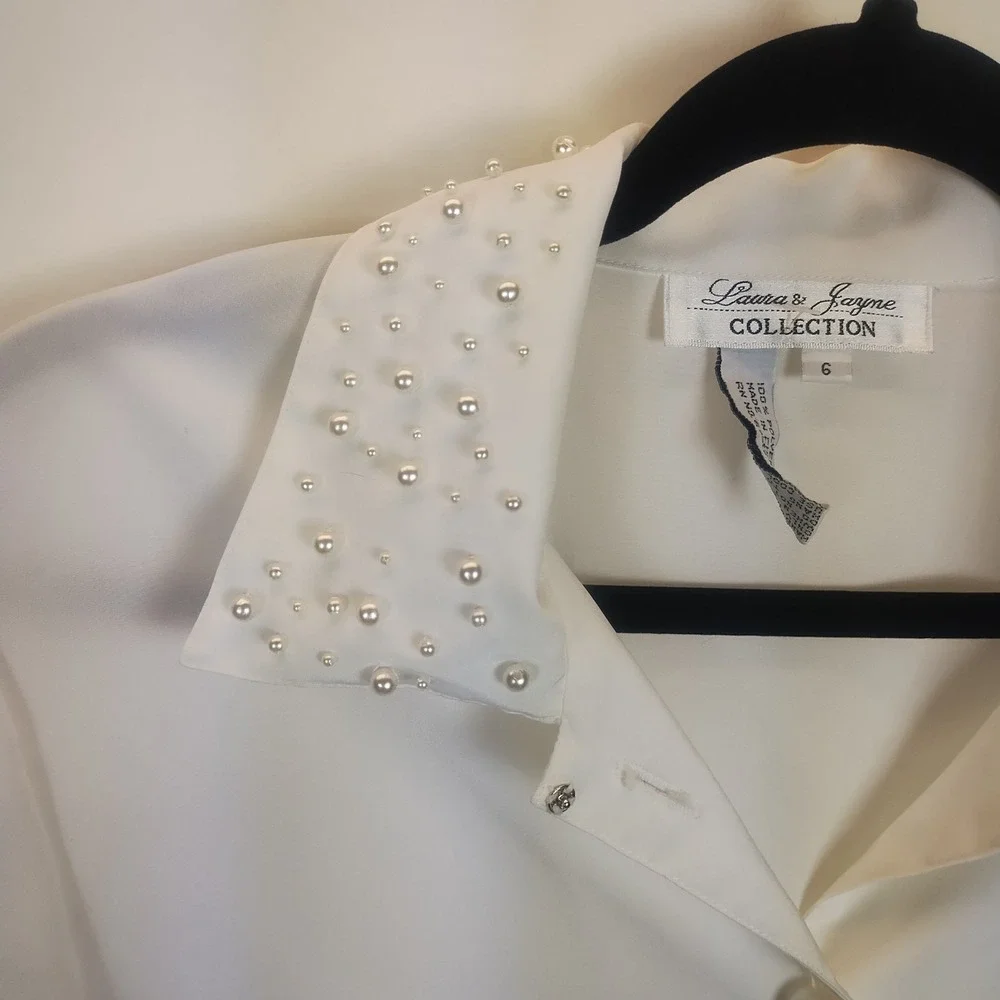 Laura & Jayne Short Sleeve Blouse Women's 6 White Pearl Vintage Coquette Femine - Picture 2 of 11